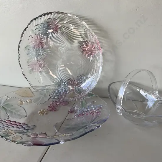 Vintage Glass Platters x 2, 1 Round, 1 Oval, Multicoloured With Glass Basket