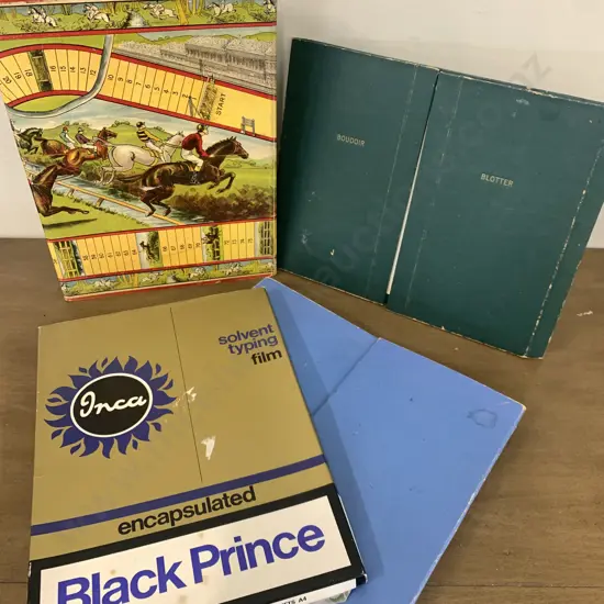 Vintage Items Including Boudoir Blotter, Solvent Typing Film & Horse Games