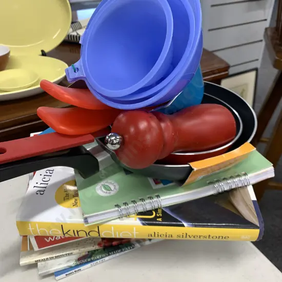 Assorted Cookbooks, Pans, Pepper Grinder Etc