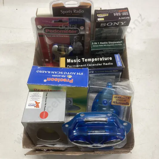 Box lot NIB Radios, Stopwatch, Pedometer, Music Temperature Etc