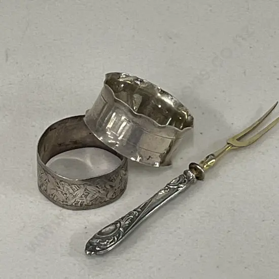Two Sterling Silver Napkin Rings with Hallmarked handled fork