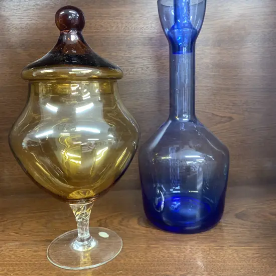 Blue Glass Decanter & Amber Glass Lidded Clear Ribbed Footed Cannister H26cm