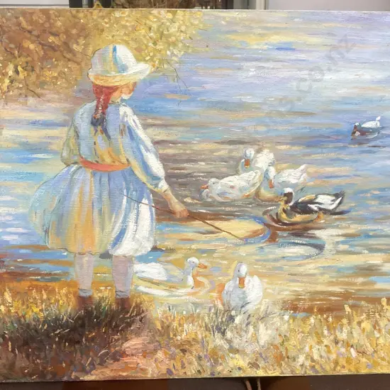 Oil On Canvas Girl Feeding Ducks (unsigned) 41 x 51cm