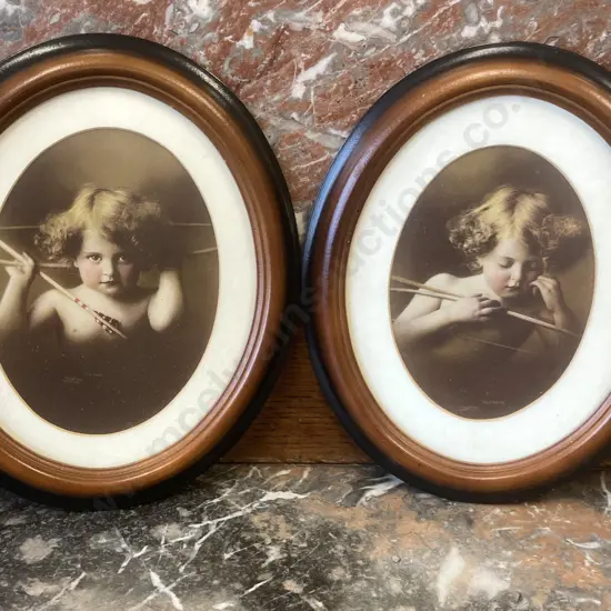 Framed Oval M.B.Parkinson Antique 1897 Prints - Cupid Awake & Cupid Asleep, 31 x 26cm