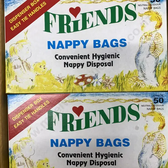 Box lot 12 x Boxes Of 50 'Friends' Nappy Bags