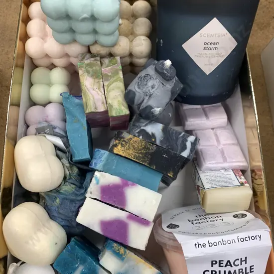 Assorted Bubblicious Scented Candles, Scentsia Candle, Assorted Soaps And Peach Crumble Body Wash