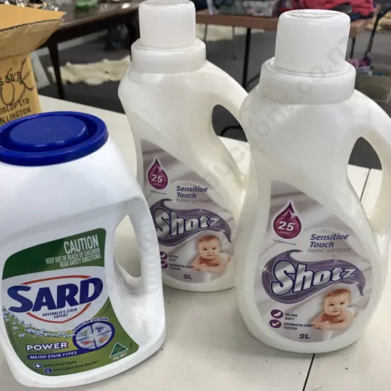 Shotz Sensitive Touch Fabric Softeners 2 x 2L, 1 x 2Kg Sard Power Stain Remover