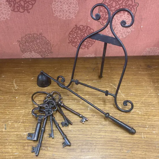 Bundle of 7 Vintage Style Skeleton Key Replicas In An Antique Copper Finish, Candle Snuffer, Small Wrought  Stand