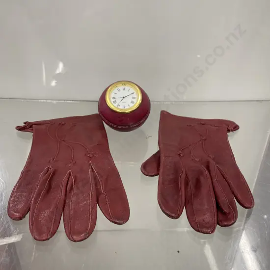 Vintage Burgundy Leather Ladies Gloves with Cricket Ball Quartz Clock (Sold With 062)