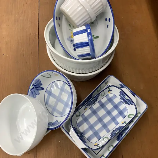 Assortment of Baking Dishes, Souffle Dishes, Blue & White Etc