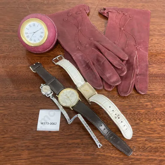 Vintage Burgundy Leather Ladies Gloves with Cricket Ball Quartz Clock & 3 x Watches - Pronto, Timex & Quartz