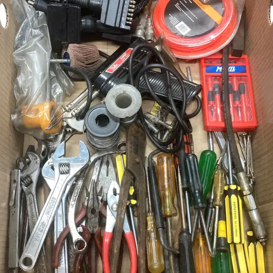 Box lot Solder Iron & Solder, Hand Tools, Trailer Plugs, Etc