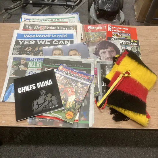 Lot of Rugby Memorabilia, NZ Herald, Publications, Chiefs, Scarf Etc