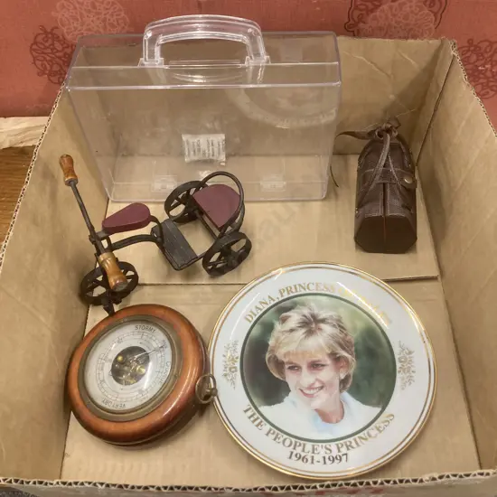 Lot of Clear Perspex Case, Diana Plate, Small Vintage Bag, Steel Trike Ornament & Circular Wooden Cased Barometer