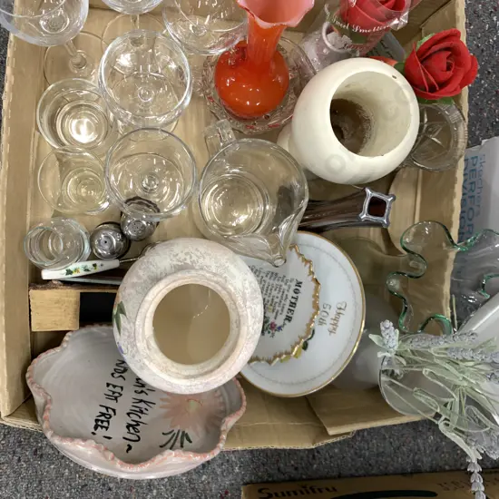 Box Lot of Glassware, Vases, Dish Etc