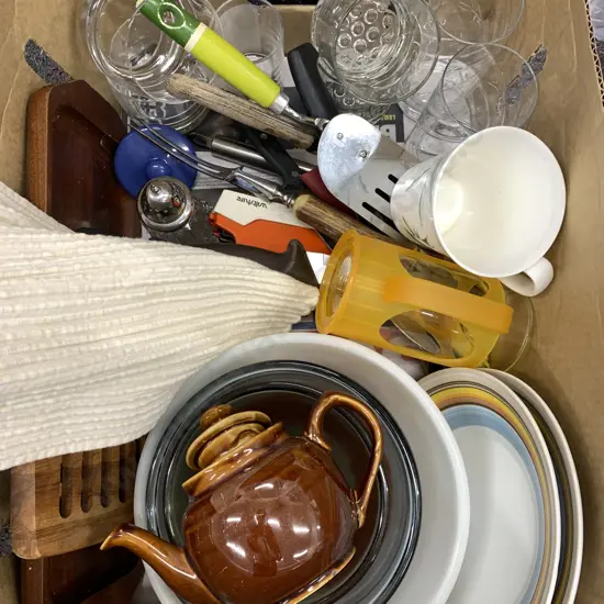 Box Lot Mixing Bowls, Teapot, Woodenware Etc