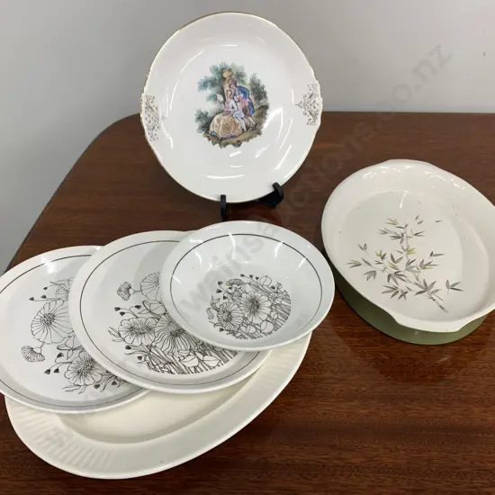 Assortment of Crown Lynn Items Including Oval Cook n Serve Dish, Platter, Plates Etc