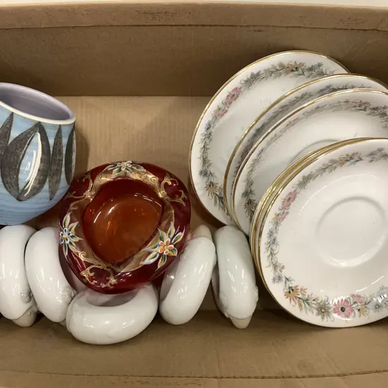 Paragon Saucers, Wimborne Pottery Vase, Candy Dish And Sheep Napkin Rings