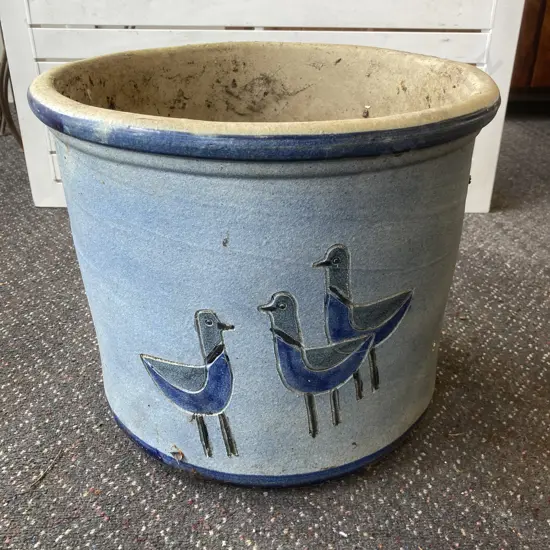 Round Blue Toned Garden Planter With Bird Detailing, 34 x 40cm