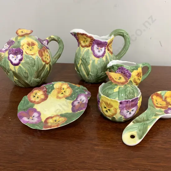 Vintage Pansy Detailed Items, Teapot, Jugs, Sugar Bowl, Spoon Holder Etc