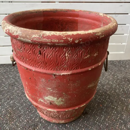 Vintage Red Painted Concrete Plant Pot With Steel Handles, 34 x 31cm