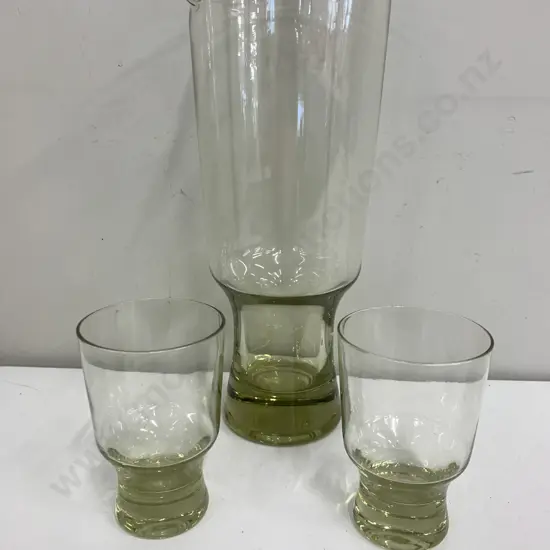 Vintage Retro Green Glass Carafe & Glasses x2