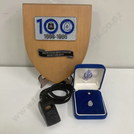 NZ Police Centenary 1886-1986 Plaque, Pin In Case, 'The Acme Thunderer' Whistle