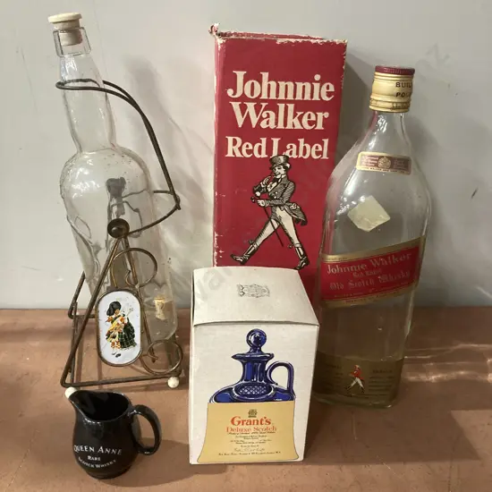 Vintage Dewars Whisky Cradle, Queen Anne Whisky Jug, 3.75L Johnnie Walker & Grants Bottle