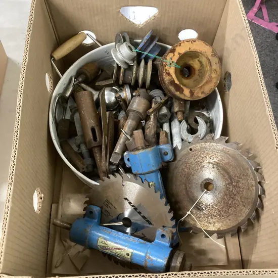 Box of Assorted Pulleys, Blades Etc