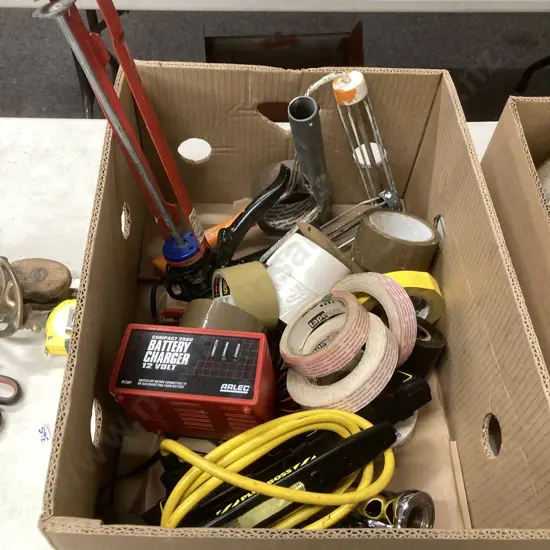 Box of Assorted Battery Charger, Tape Etc