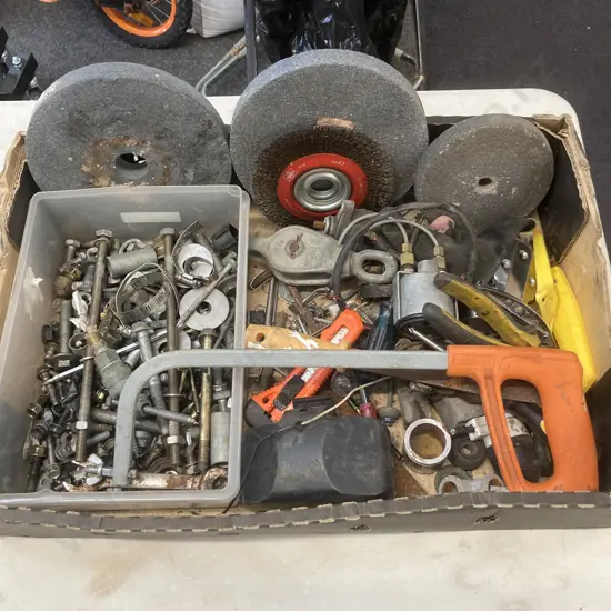 Box Lot Tools, Grinding Stones, Brush, Pulley Etc