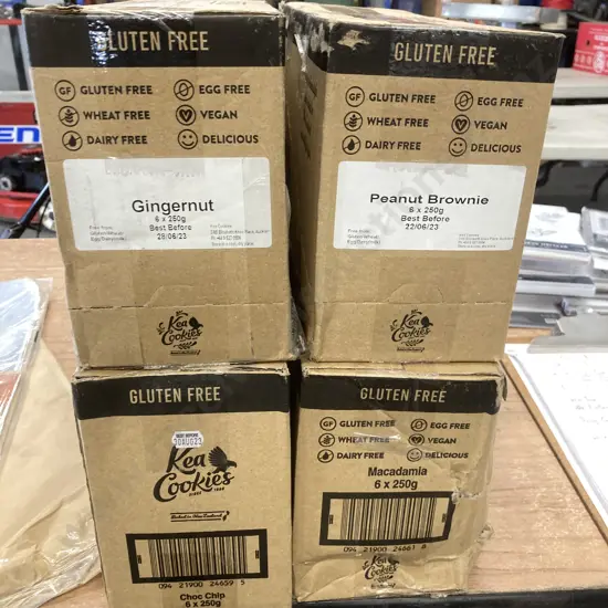 Kea Cookies, 4 Boxes of 6 x 250g Packs - Gingernut, Peanut Brownie, Choc Chip, Macadamia