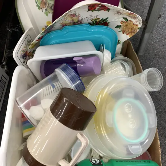 Box Lot Assorted Plasticware & Serving Trays (Sold With -034)