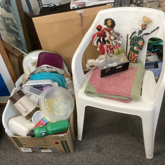 White Chair & Rug, Audi Model Car , Dolls Of The World, Box Lot Plasticware Etc