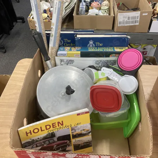 Box Lot Plasticware, Pot, Holden Book Etc