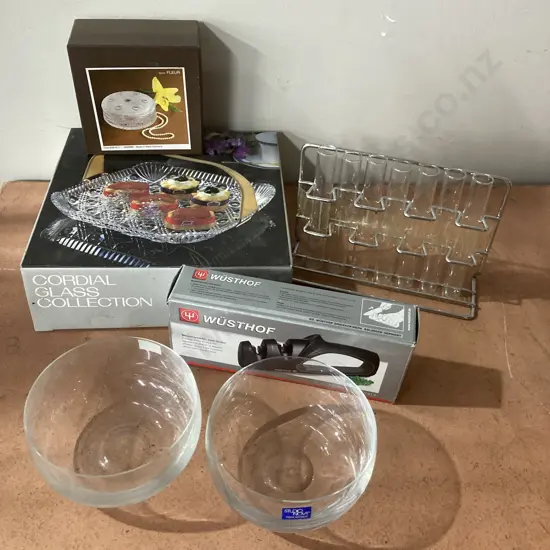 Lot of Glass Dishes, Glass Items In Boxes, Test Tube Rack, Wusthof Sharpener