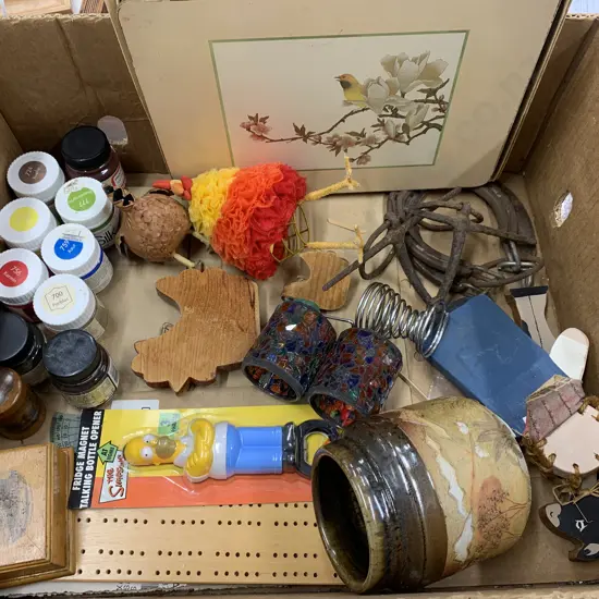 Box lot Vintage Items, Placemats, Paints, Wooden Ware Etc