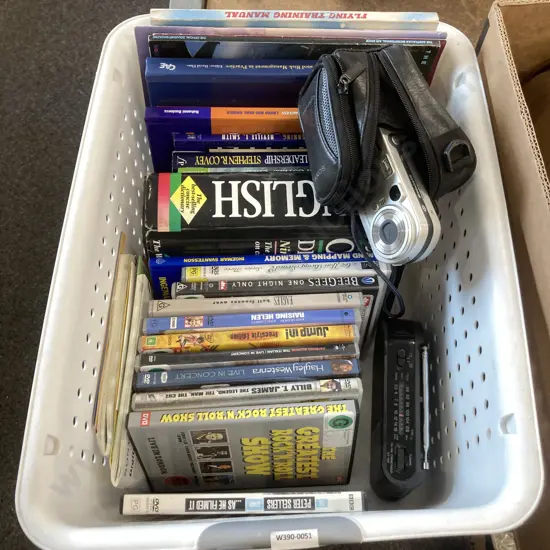 Storage Bin Of Books, Dvds, Sony Cyber-Shot 3.2 Mega Pixels & Sony Transistor Radio