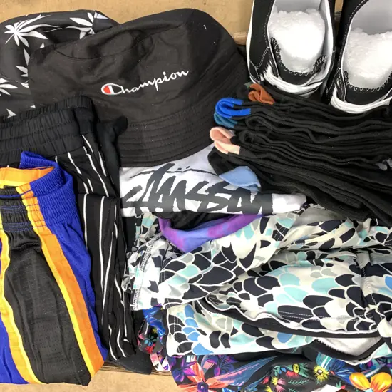 Assortment Of Clothing Including New Swimwear, Hats, Socks Etc