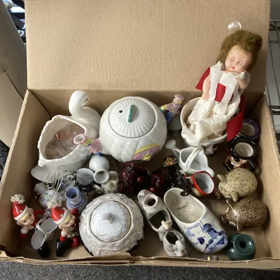 Box Lot Collectables, Cinderella Teapot, Elves, Mini Tobys Etc