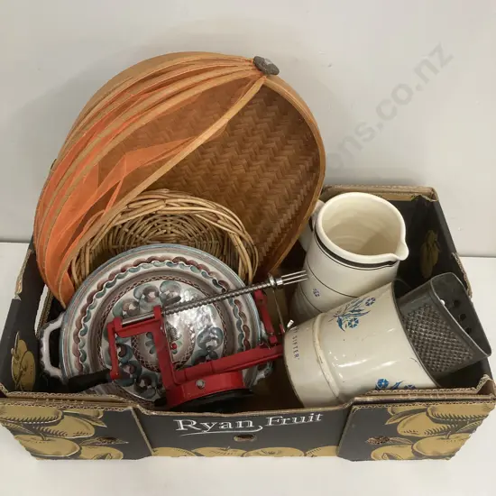 Box Lot Apple Peeler, Sifter, Rooster Jug, Caneware Etc