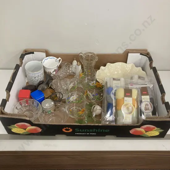Box Lot Glassware, Felt Kits, Vintage Tins Etc
