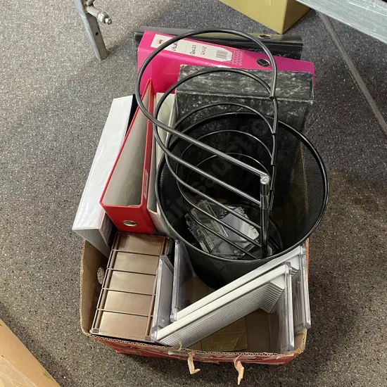 Selection Of Stationary Items Including Mesh Rubbish Bin, Ring Binders Etc