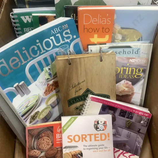 Box Lot Assorted Cookbooks & New Photo Album
