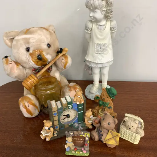 Assortment Of Fiqurines, Photo Frame, Clock Etc