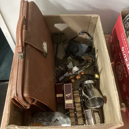 Box Lot Satchel, Dominoes, Shears, Travel Clock Etc