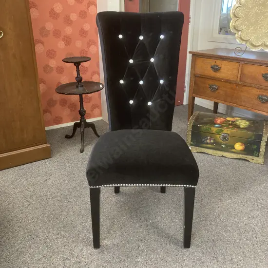Black Velvet Bedroom Chair With Diamante / Crystal Buttons Tufted, Dome Detail, Black Lacquer Legs, 109 x 49cm