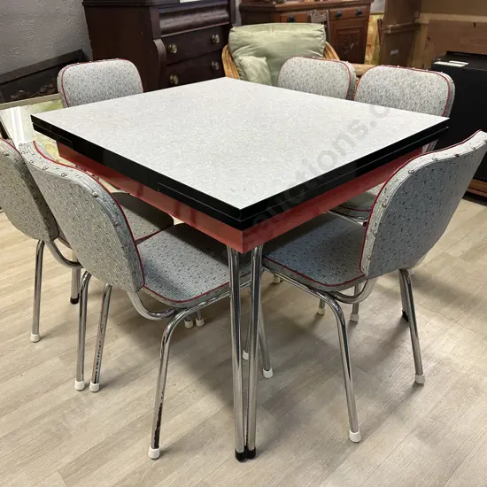 Vintage 1950's Retro Mid Century Grey&White Formica Extension Dining Table With 6 Grey Fleck Chairs, Domed & Red Beading