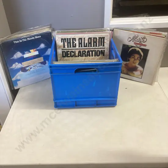 Bin of 50 LPs - Moody Blues, Fleetwood Mac, Atomic Rooster, Lou Reed Etc