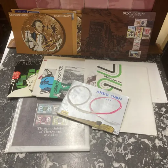 Stamps, NZ Collectors packs 72-78, 1964 Japanese Stamps, Cook Bicentenary, Queens Silver Jubilee